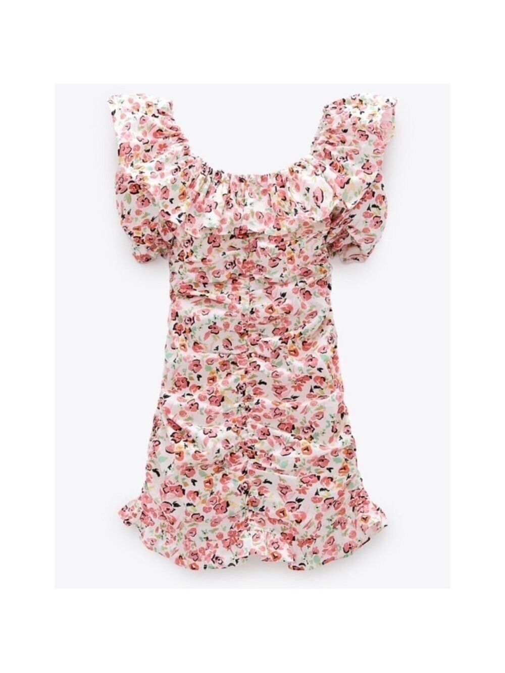 Zara Floral Ruffled Hem Ruched Mini Dress - Picture 3 of 12